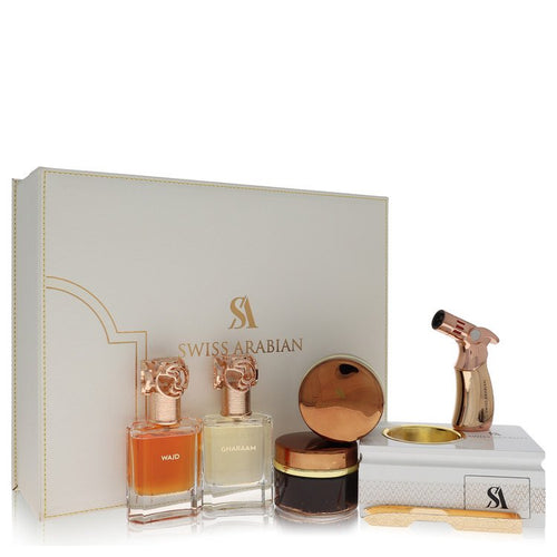 Swiss Arabian Bakhoor Dukhoon Al Haram by Swiss Arabian Gift Set -- Gift Set contains 2 x 1.7 oz Eau De Parfum in Wajd & Gharaam + 2 x 60 grams of Incense in Dukhoon Al Haram & Oud Muattar Mumtaz for Men